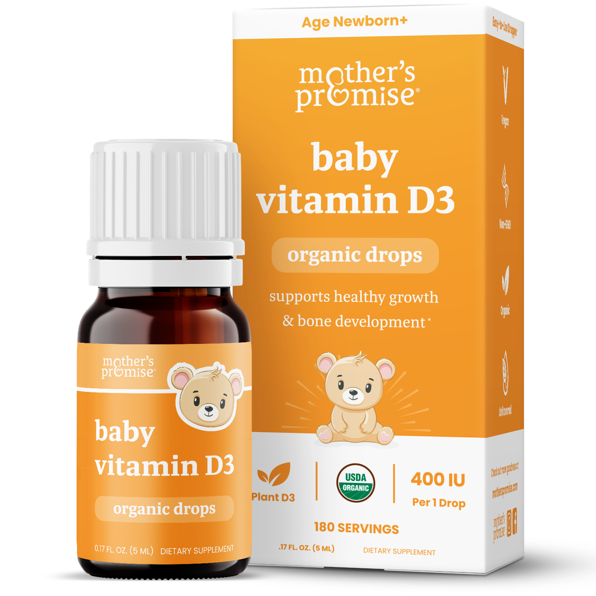 Organic Vitamin D Drops for Babies | 100% Plant-Based, 180 Servings 400 IU Baby Vitamin D3 Liquid Supplement | Supports Healthy Growth, Bones, Heart & Immune Health for Newborns & Infants