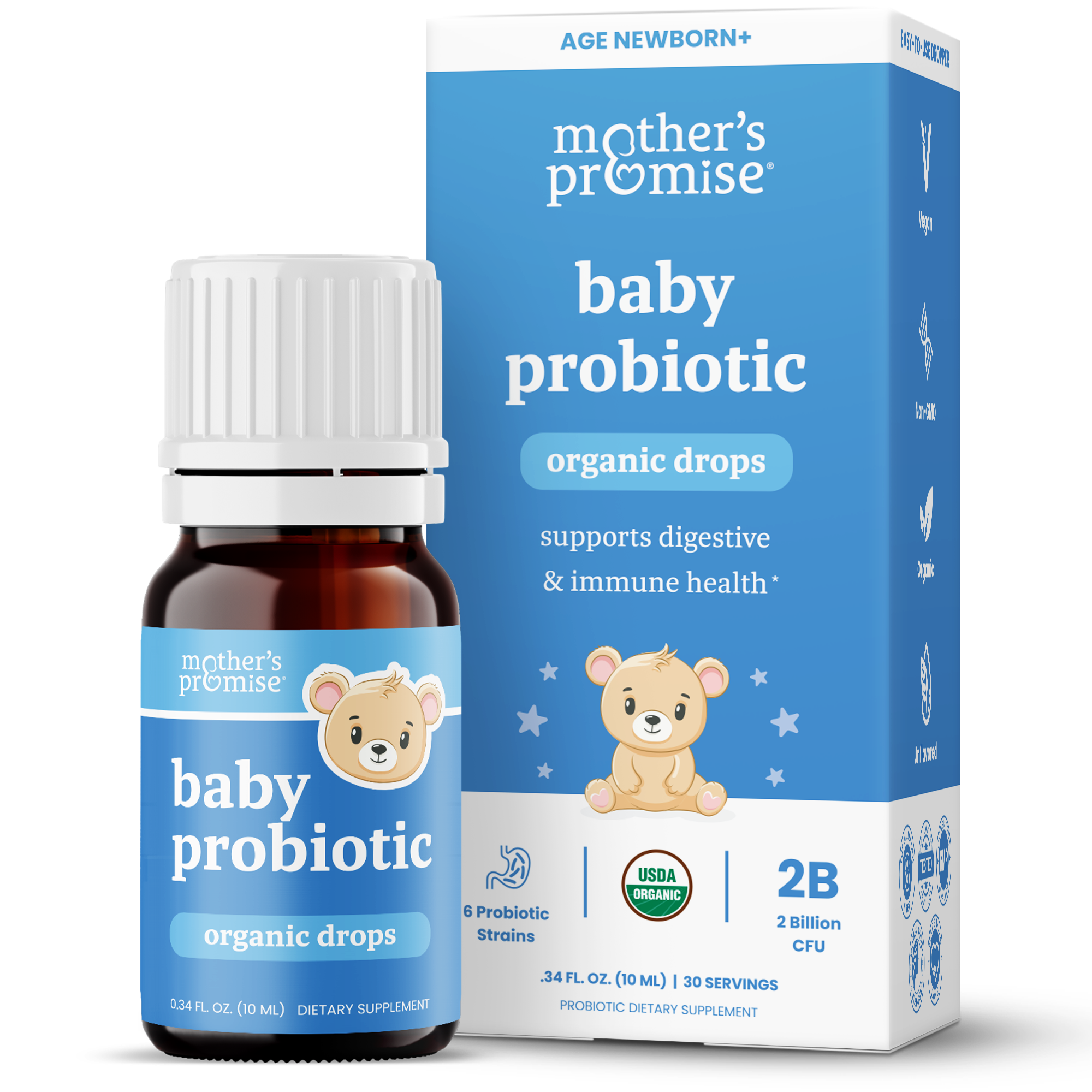 Organic Baby Probiotic Drops for Newborns, Babies & Infants | 2 Billion CFU with Prebiotic | Baby Gas Relief for Colic & Constipation, Support Digestive & Immune Health | Liquid Probiotics for Babies