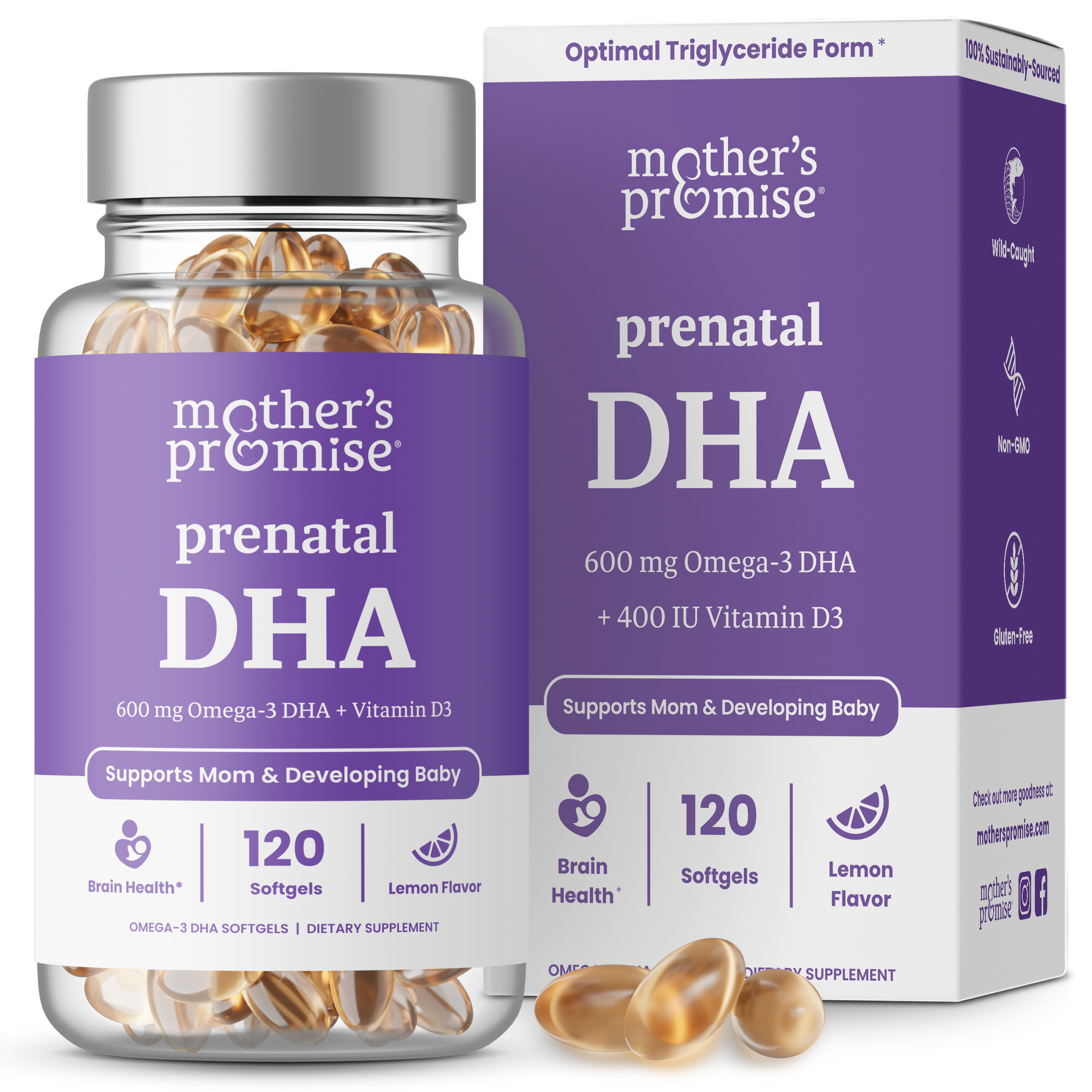 Mother's Promise Prenatal DHA for Women 600mg + 400 IU Vitamin D3 | Triglyceride Omega 3 Fish Oil DHA Prenatal Vitamins for Pregnancy & Nursing | 120 Softgels, Supports Brain Health | 300mg per Capsule