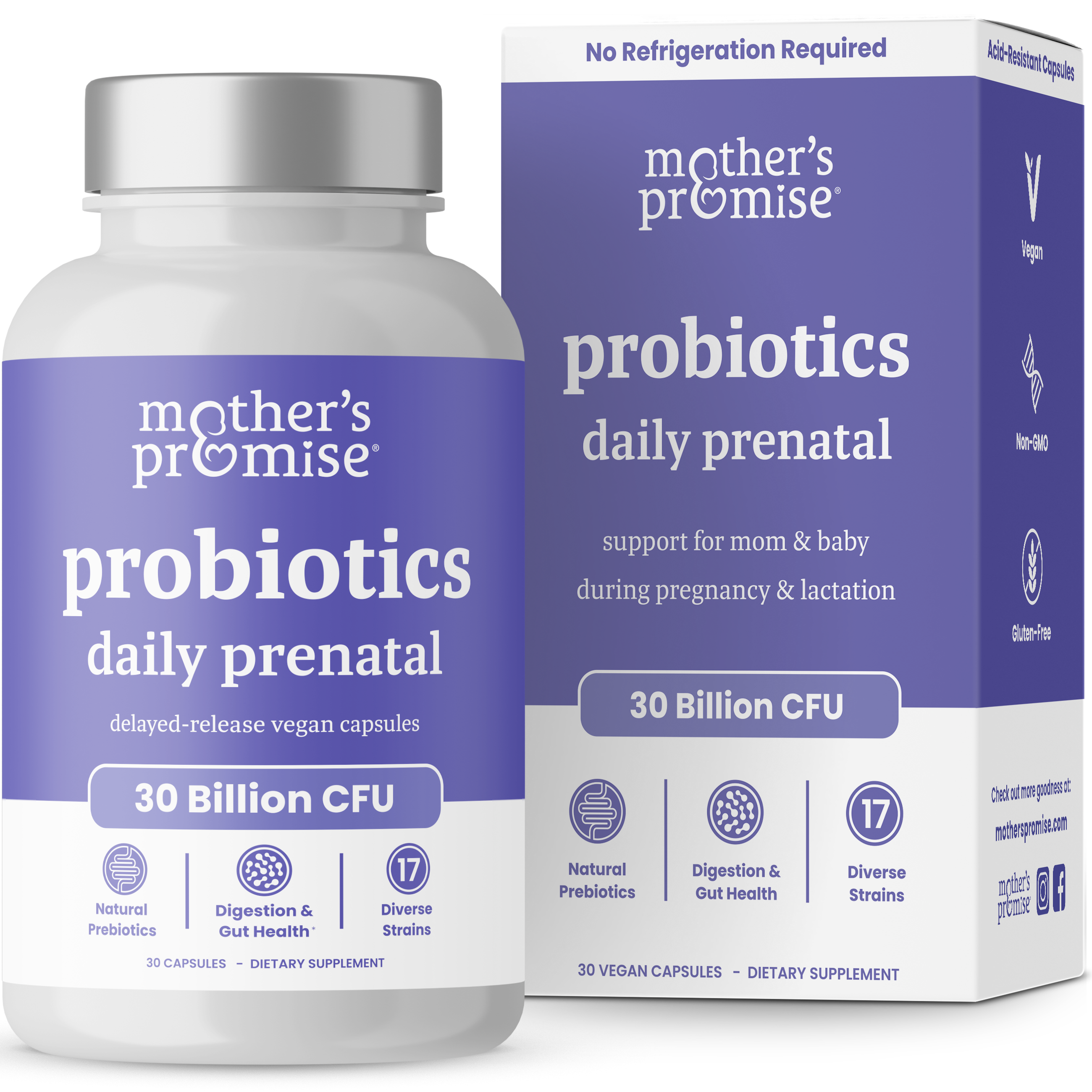 Mother's Promise Prenatal Probiotics for Women | 30 Billion CFU, 17 Strains + Organic Prebiotics | Supports Digestion, Gut & Immune Health for Mom & Baby | Womens Probiotic for Pregnancy & Lactation | Vegan Capsules